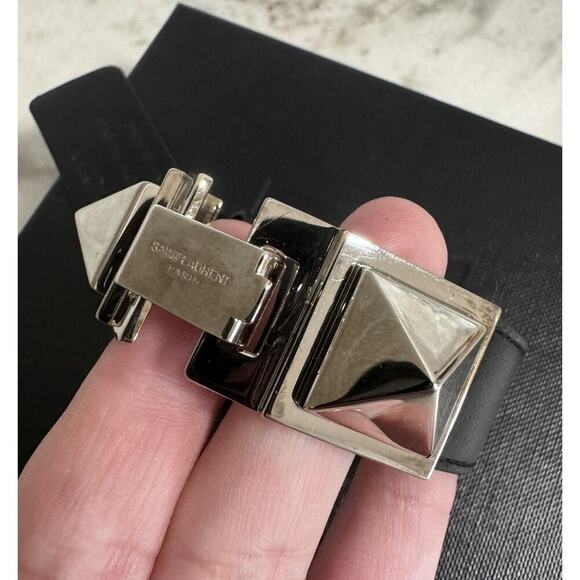 Auth Saint Laurent YSL Black Leather Stud Bracelet Small Sized Metal - Picture 8 of 16